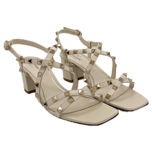 Valentino Garavani Shoes - Valentino Garavani Cream Leather Rockstud Sandals 60